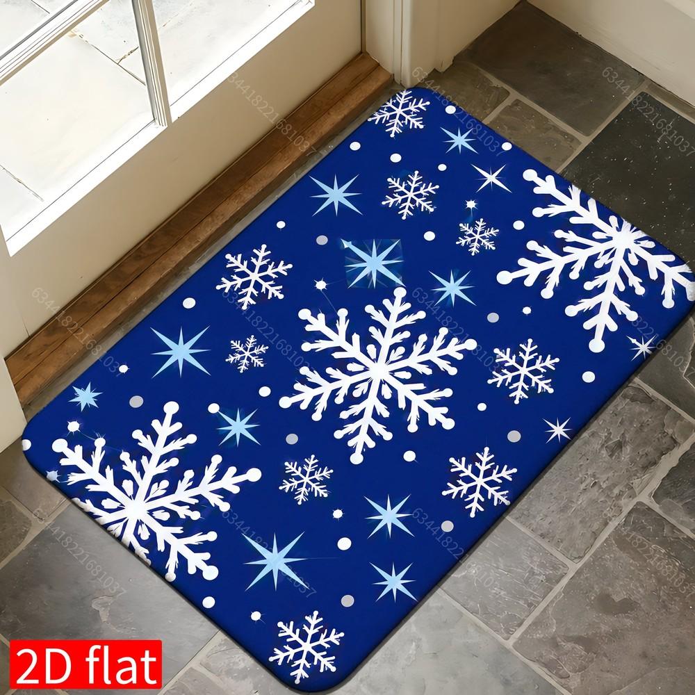 Stunning Elegant Blue Gold Snowflake Leaf Welcome Print Durable Washable Floor Mat For Cold Season Indoor Entryway Rug