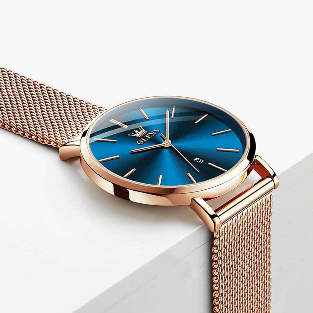 OLEVS Women's Minimalist Casual Watch Rose Gold Leather Band Waterproof Analog Quartz with Date Calendar
