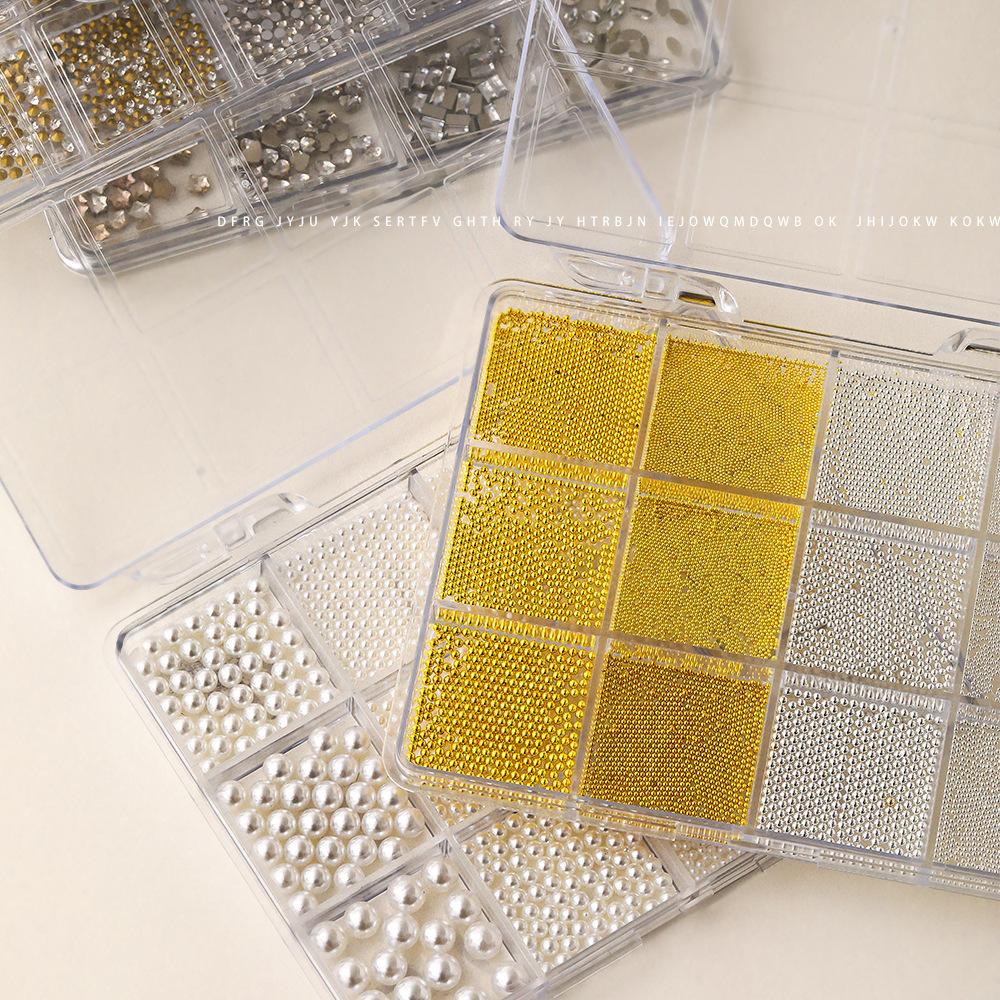 12 Grid Mini Zircon Pearl Nail Accessories Internet Celebrity New Mixed Flat Bottom Steel Ball Cross Decoration