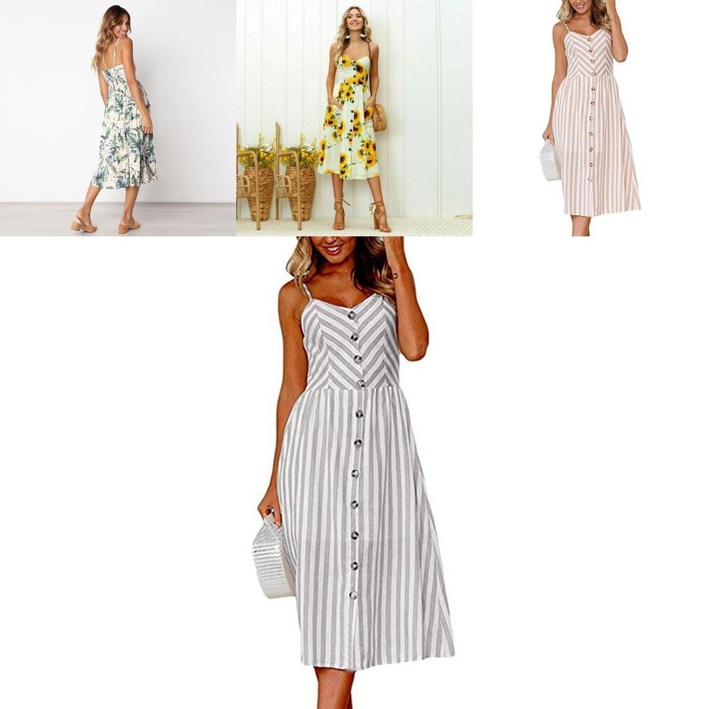 Elegante Abito Midi Estivo da Donna Boho con Spalline Sottili e Tasche a Bottone