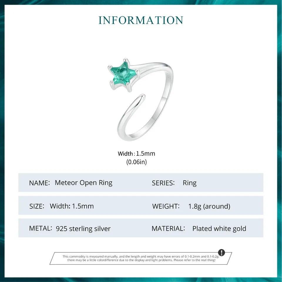 Bamoer 925 Sterling Silver Meteor Opening Ring Green Star Adjustable Ring for Women Birthday Gift Fine Jewelry