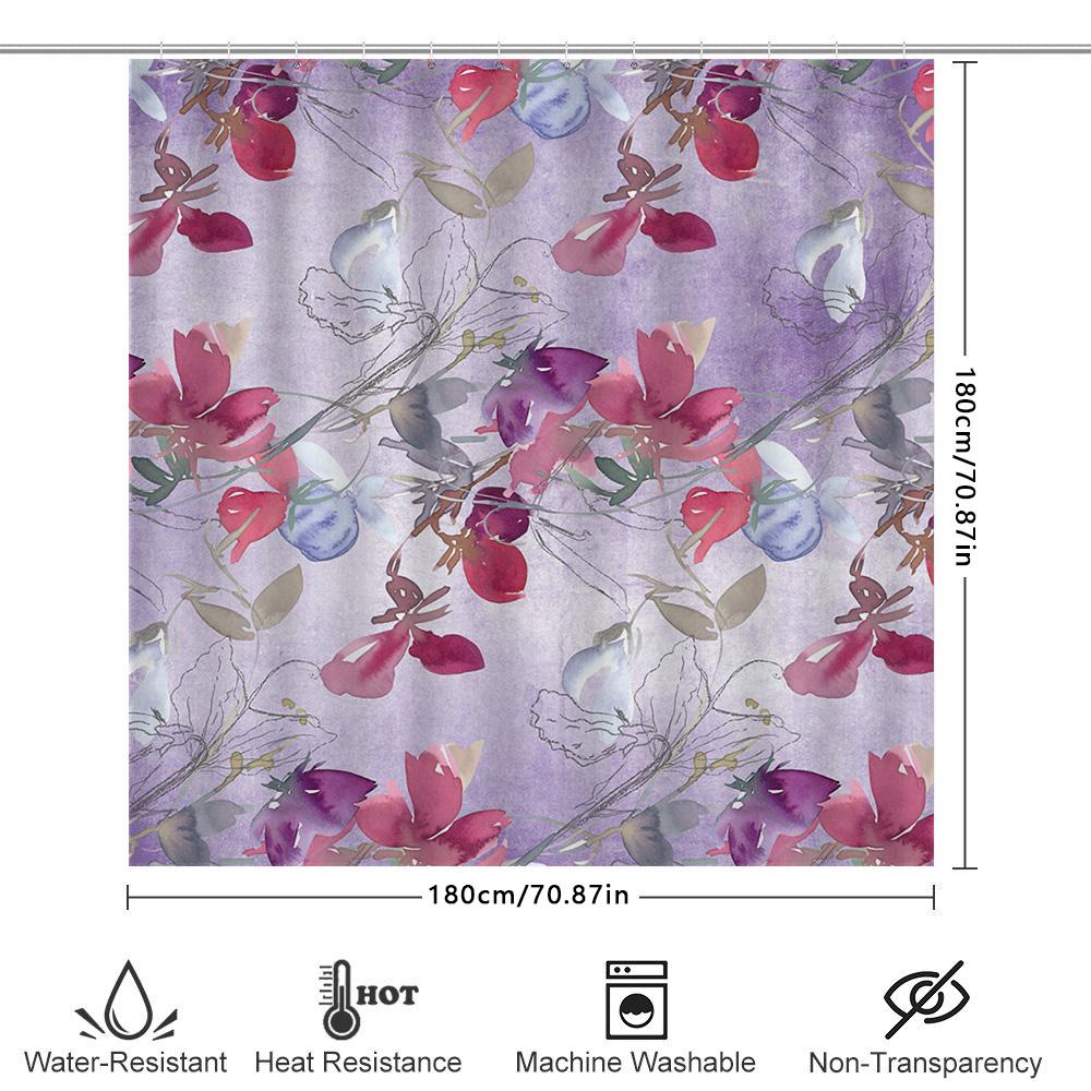 Luxury Print Shower Curtain Waterproof Bath Decorative Liner Purple Flowers Pink Red White Floral Pattern Bathroom Decoration