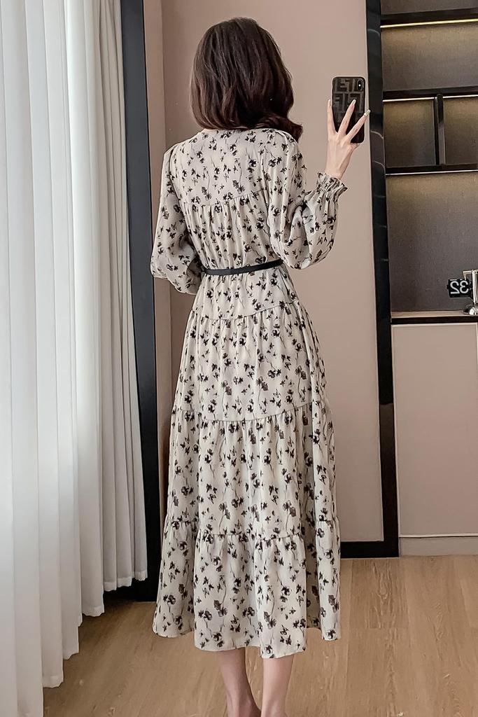 Floral Chiffon Long with Stylish and Elegant for Spring and Autumn [Chubikime] Women's Dress, A-Line, Flared, Belt,