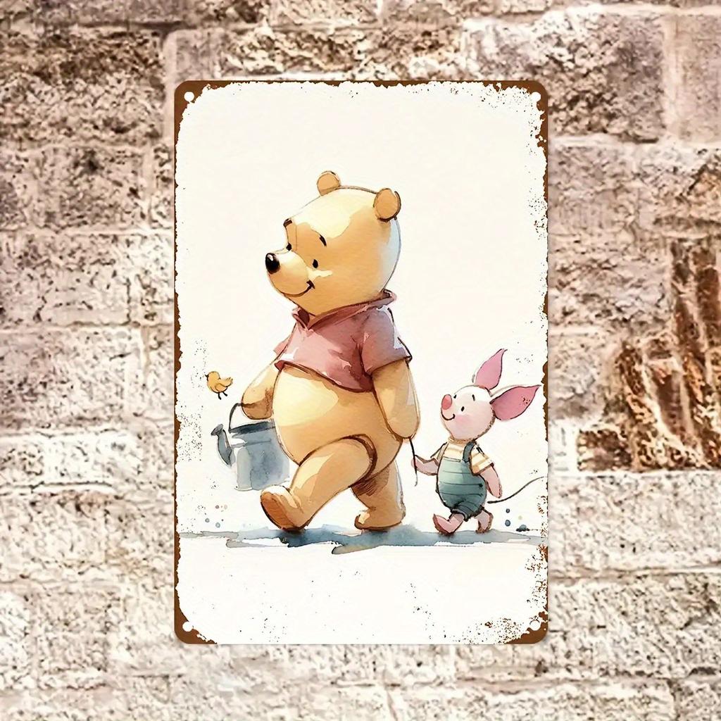 1pc Winnie the Pooh & Piglet Metal Wall Art - 30.48x20.32 cm Traditional Iron Design with Watercolor Illustration, Charming Outd