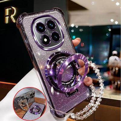 Kristallen Armband Magnetische Standaard Telefoonhoesje Voor Xiaomi Redmi Note 14 15 Pro Plus 15C 14C 14S 4G 5G Zachte Glitter Schokbestendige Hoes