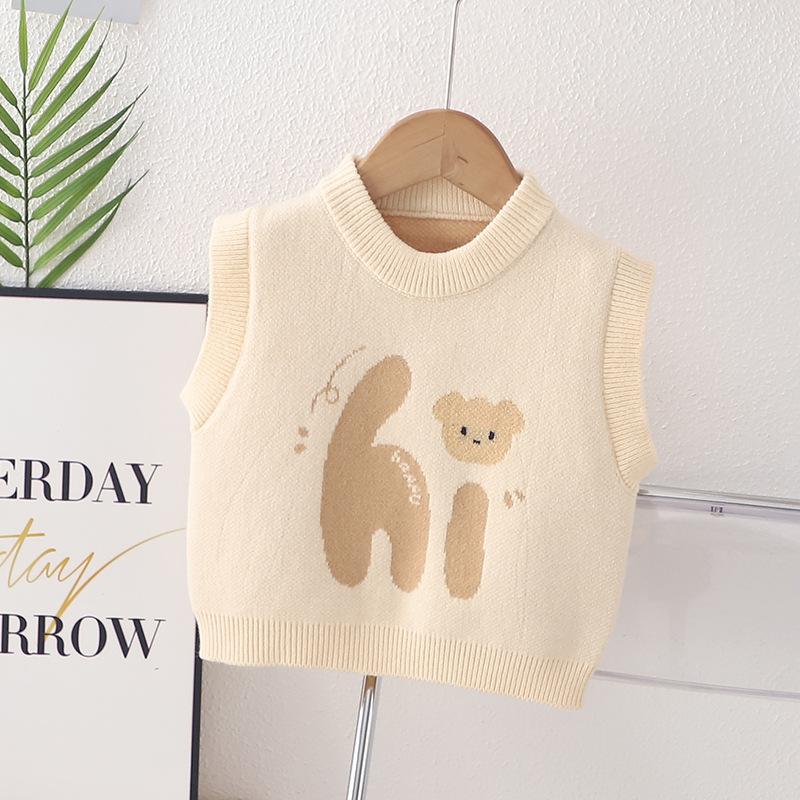 Childen Knitted Vest For Girls Boys Autumn Bear Jacquard Infant Toddler Knitwear Round Collar 0-5Years Baby Sleeveless Sweater