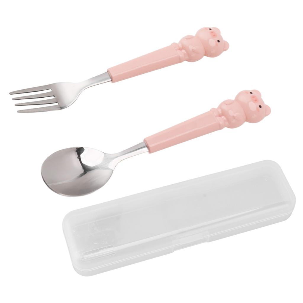 2Pcs Stainless Steel Fork and Spoon Cute Cartoon Look Cutlery Set Children Curved Tableware Set Pink Pig