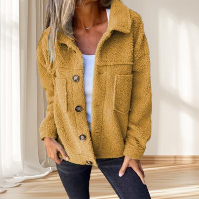 Winter Women Jacket with Double Pockets Thick Fleece Button Closure Cardigan Long Sleeves