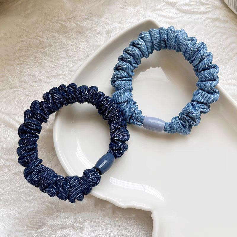 4PC Korean Denim Solid Blue Elasticity Hair Ties Rope Scrunchies for Women Girls Sport Ponytail Holder Hair Accessories