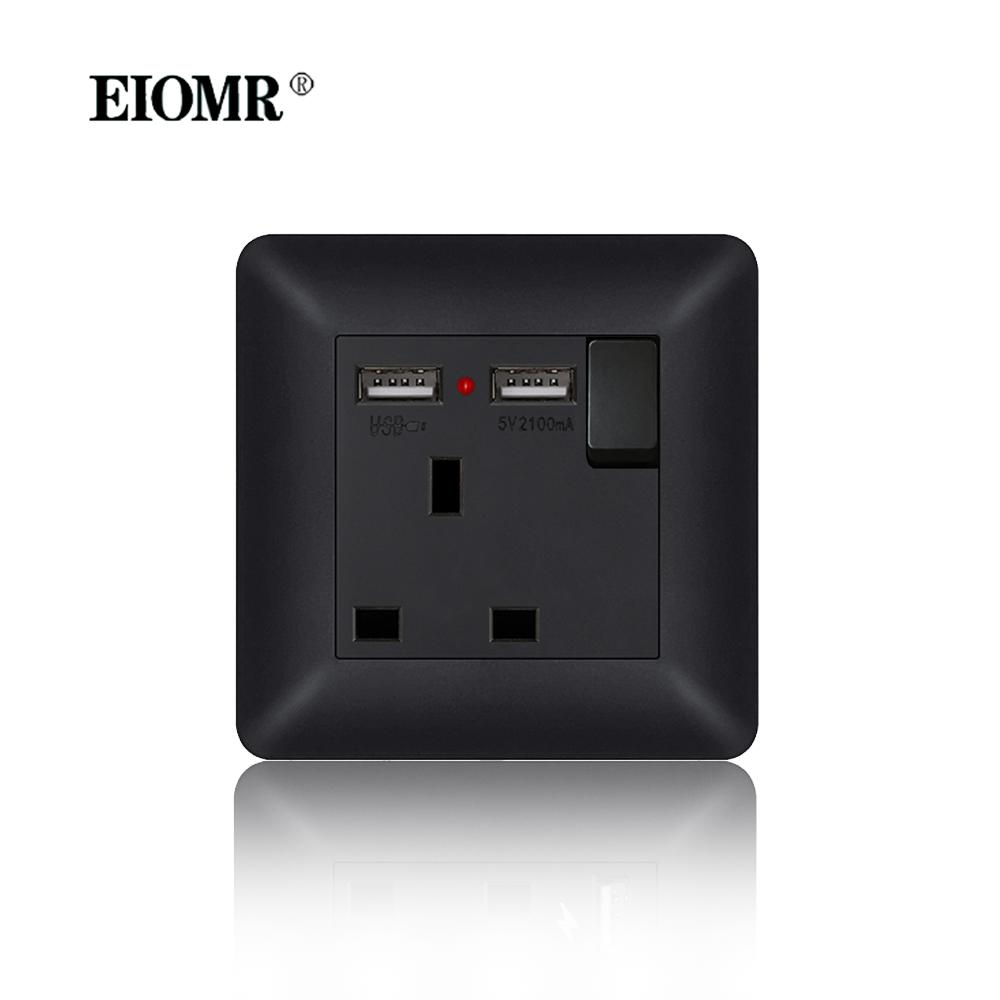 EIOMR 13A UK Standard Plug Power Wall Socket and Switch 250V, with USB Type-C Charger Port 5V 2.1A, Black PC Curved Frame Panel