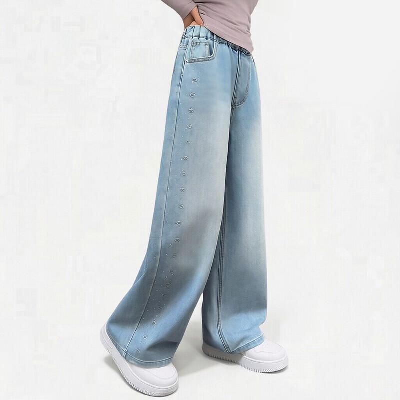 

Girls Rhinestone Wide-Leg Straight Denim Jeans 160