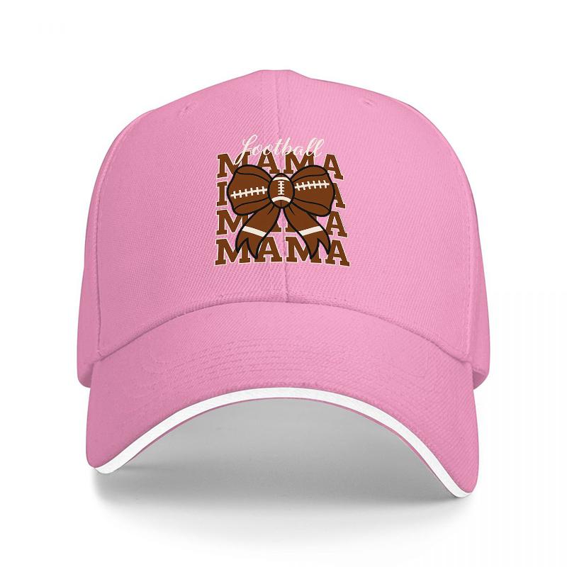 Football Mama Logo Black Baseball Cap with Brown Football Design and White Trim for Sports Fans and Team Supporters