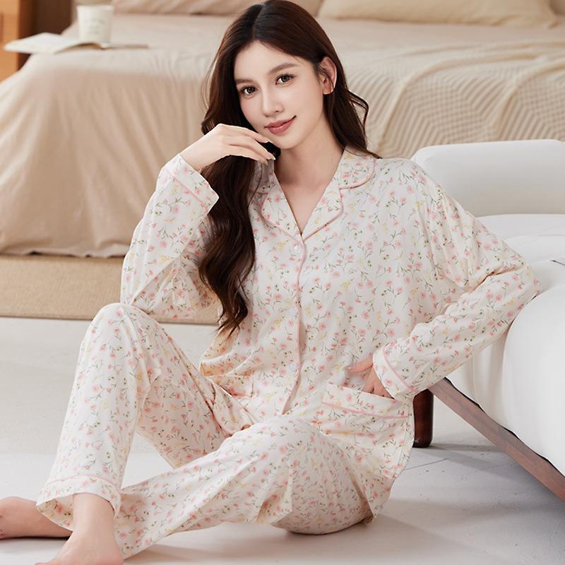 Shuxin floraler Baumwollimitat-Pyjama Frühling und Herbst dünn Mutter locker Übergröße Loungewear Langarm-Set