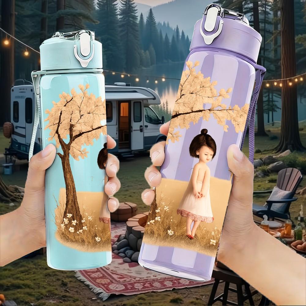 1PC Little Girl Under Big Tree Scene Print 750ml Color Plastic Sports Water Bottle Leakproof Flip Straw Lid Suitable for Sports Office Home Use