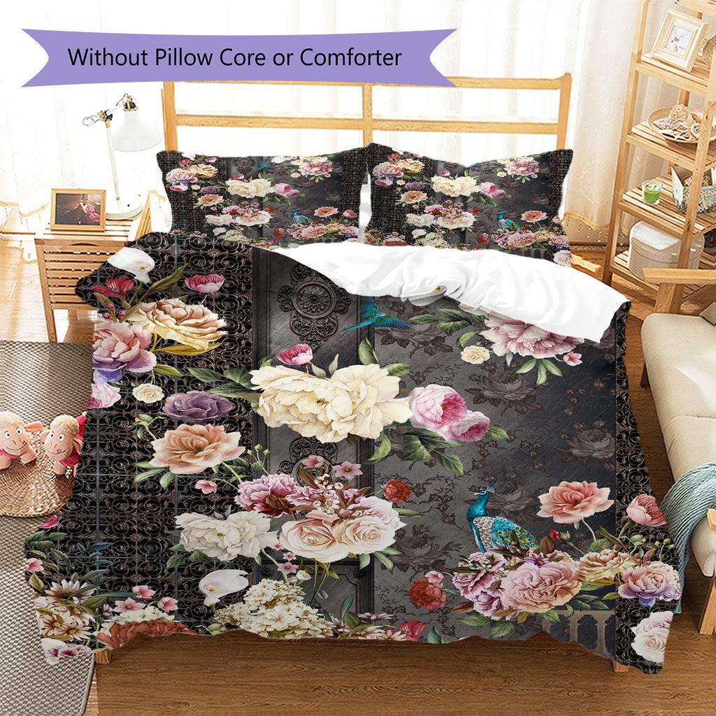 Vintage Floral Bird Pattern Bedding Quilt Set Quilt Cover Pillowcase Home Decoration Gift (1 * duvet cover + 2 * pillowcase, without core)