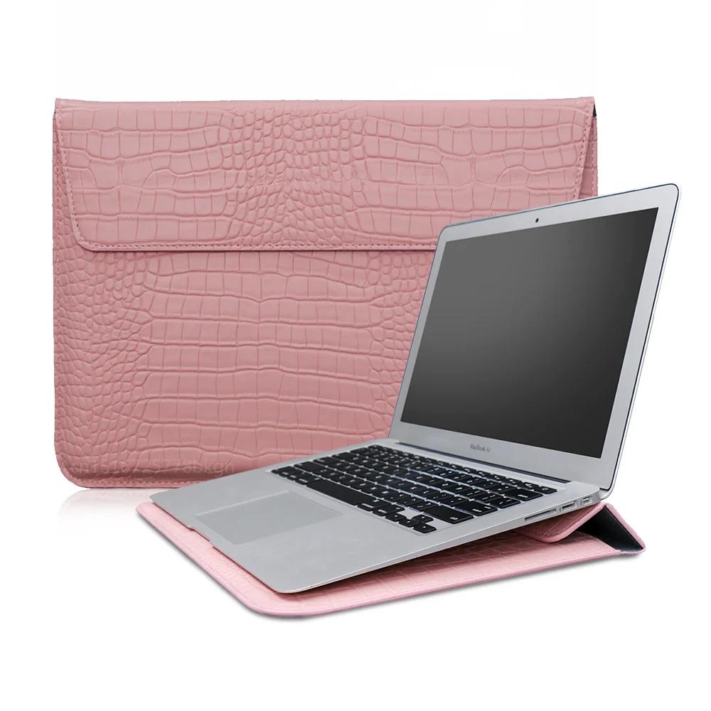 Crocodilleleer Flip Case Tas Laptophoes voor Macbook Air 13 14 15 16 Inch M5 M4 M3 M2 Chip Mac Book Pro Cover Accessoires 11-12 inch roze