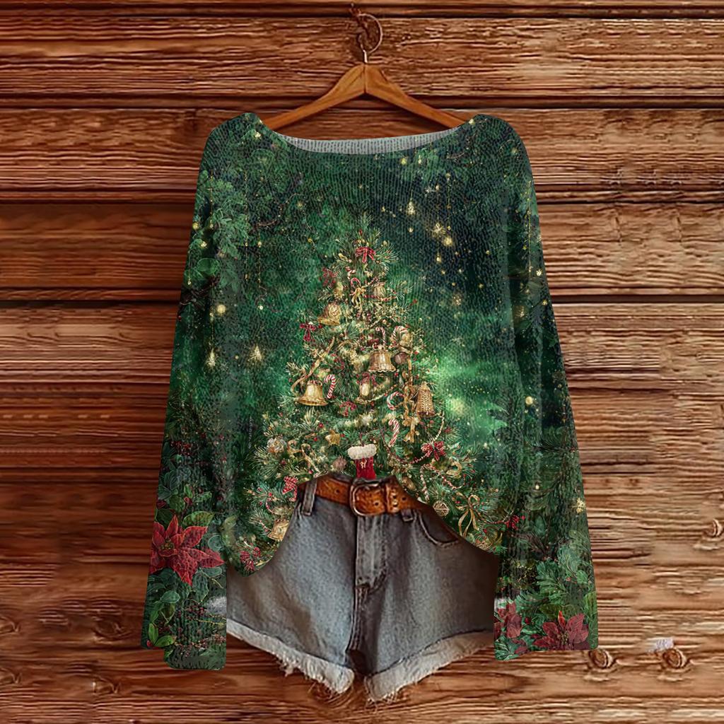 Women's Fashion Round Neck Long Sleeve Christmas Print Casual Pullover Sweater Top