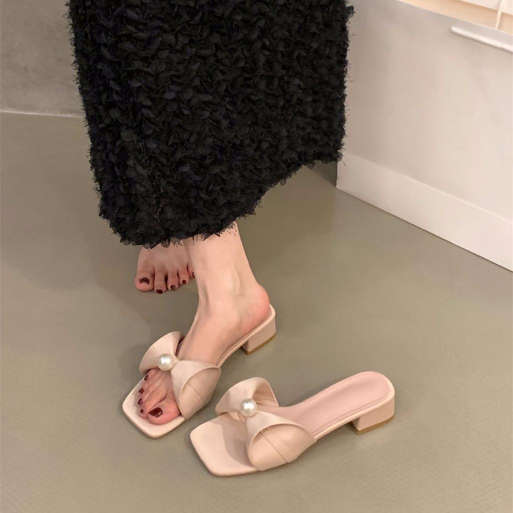 Thick Heel Pink French Cool Slippers Fairy Shoes Wear 2025 New Summer Temperament Versatile Pearl Sandals