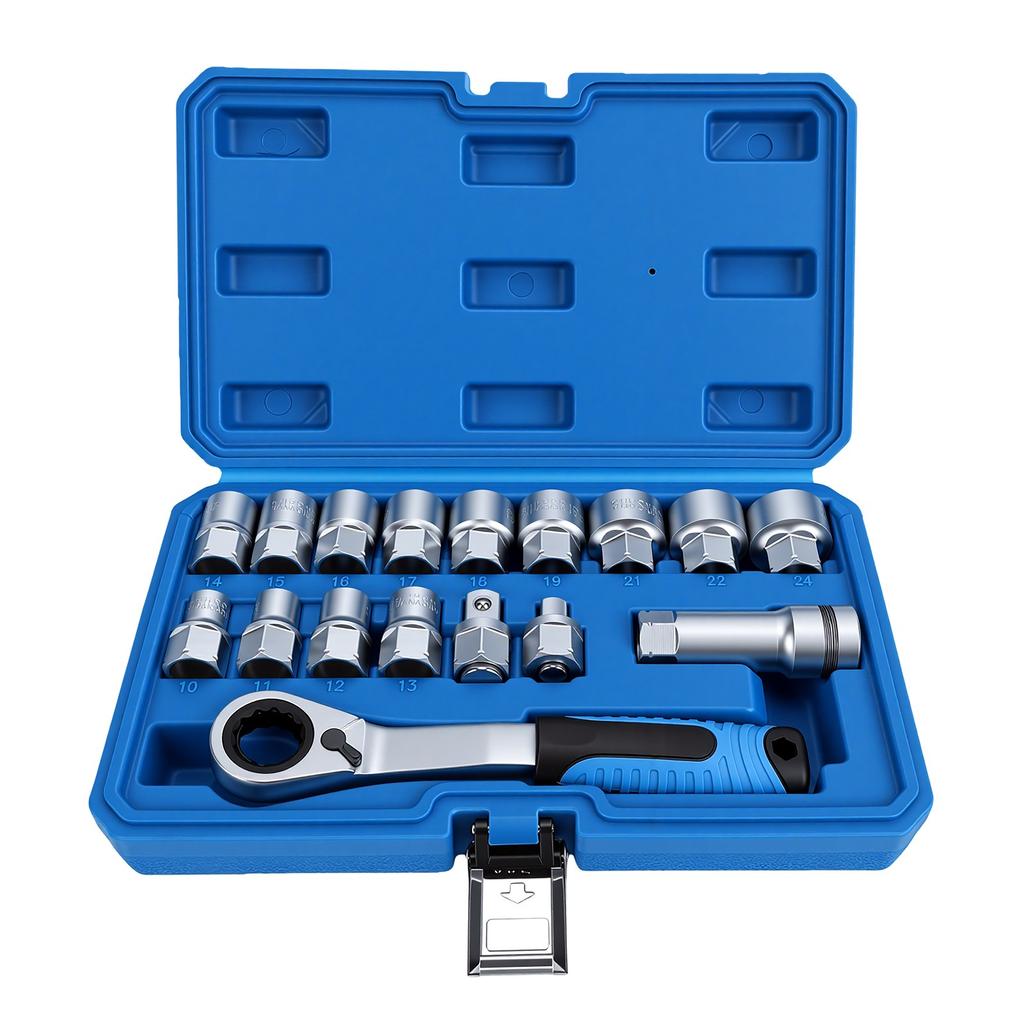 Σετ Κλειδιά Υποδοχής Διάτρητα 17τμχ 10-24mm 3/8" 1/2" Καρυδάκια με Κλειδί Καρέ Κλειδαριάς Διάτρητο για Επισκευές Αυτοκινήτων Μηχανικούς