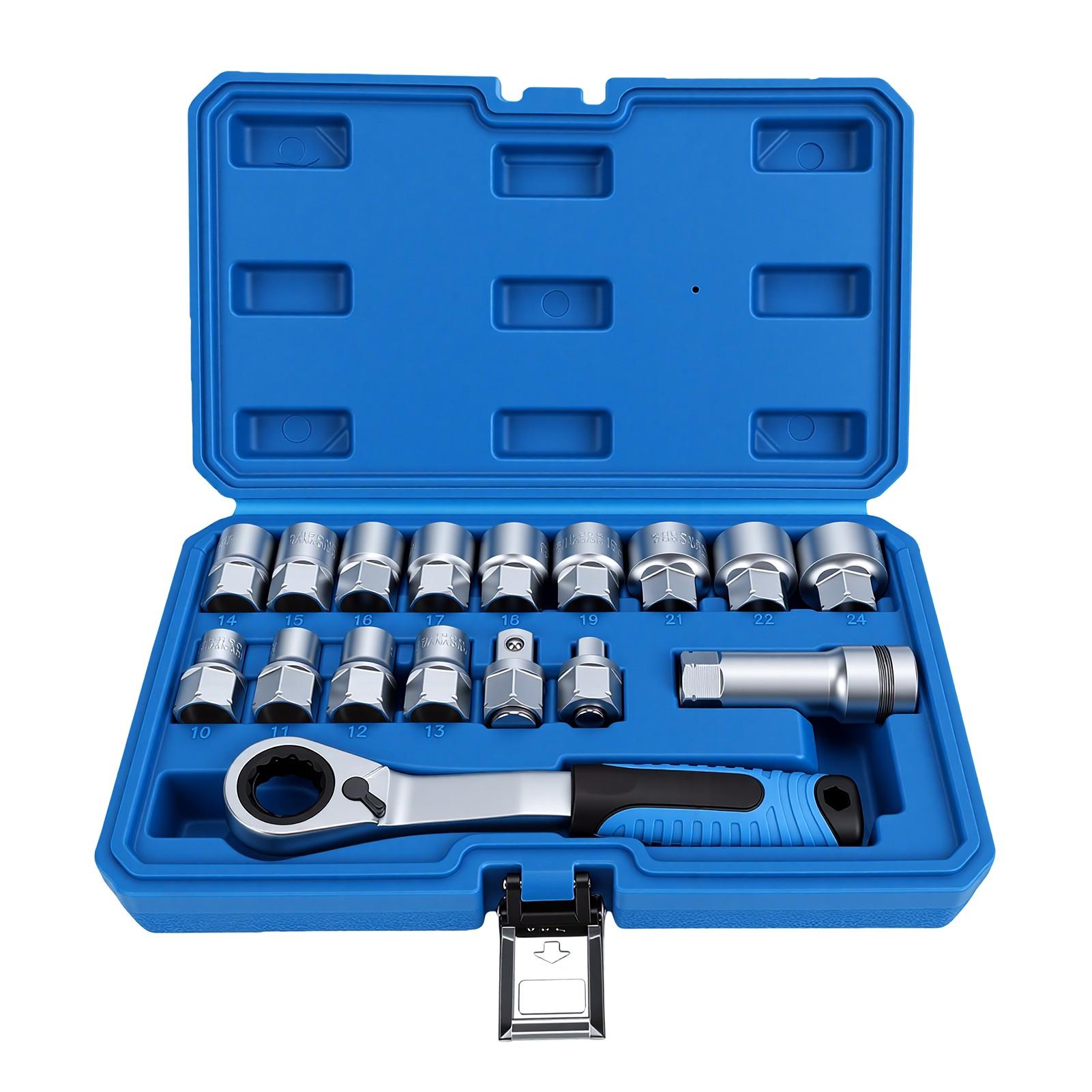 Juego de 17 Piezas de Vasos Pasantes 10-24 mm 3/8  1/2  Drive Llave de Carraca Pasante para Reparación Automotriz Mecánica blue