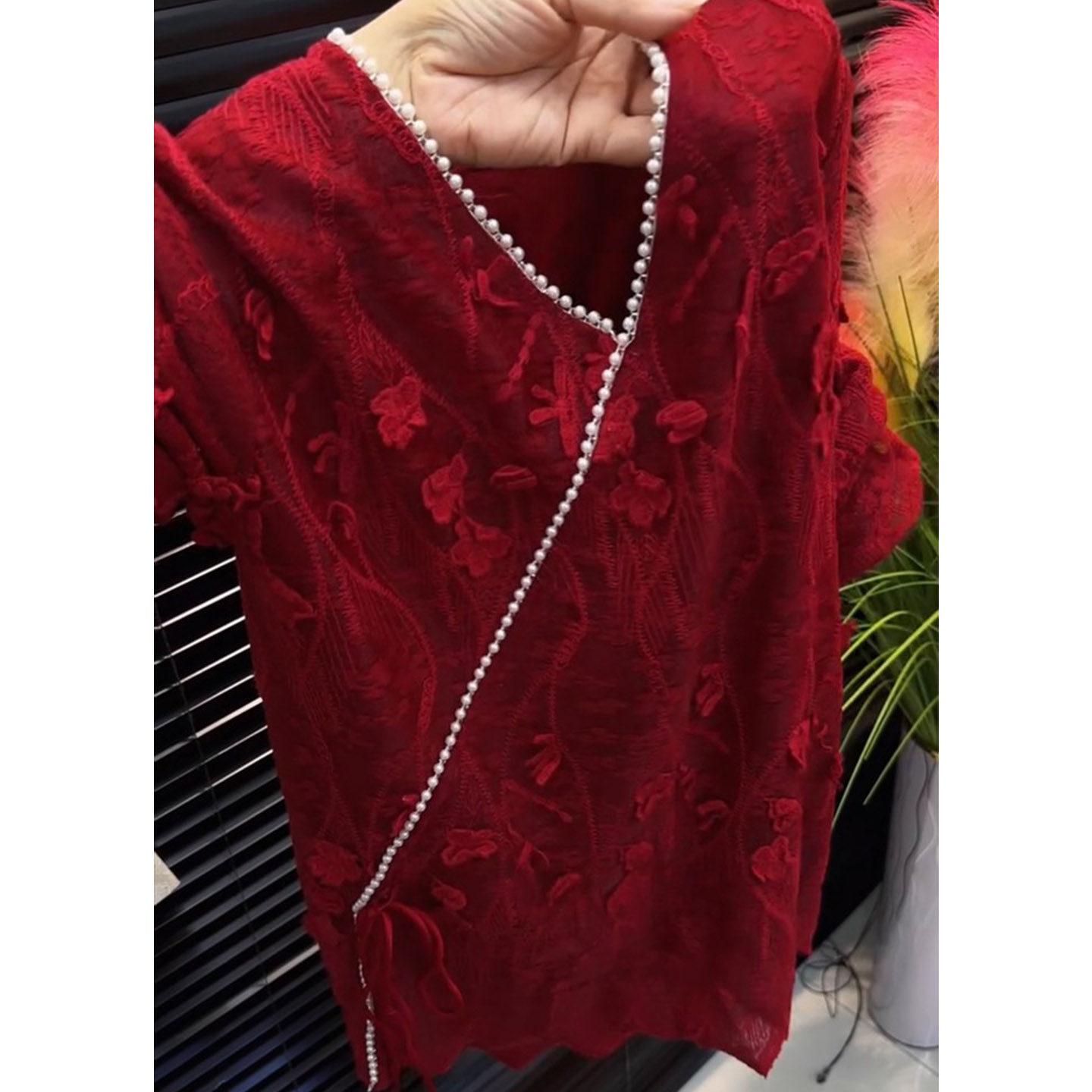 

Elegant Winter Designer Red Crochet V-Neck Outfit for Women - Fashionable and Youthful Full Set M (for 95-105 kg)