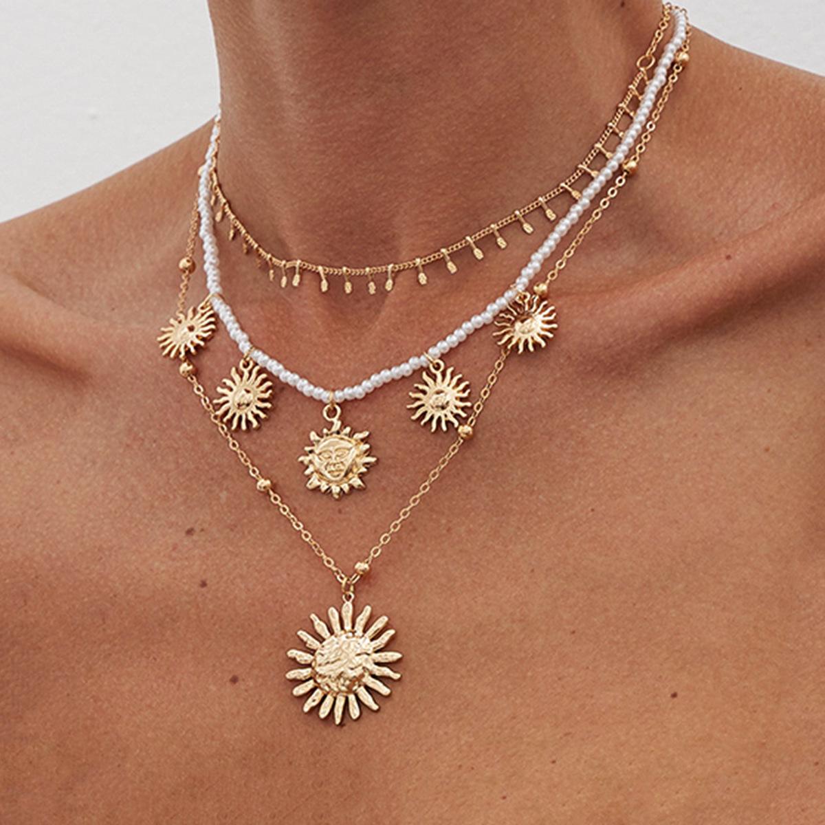 Retro Ethnic Style Metal Sunflower Pendant Necklace, Temperament Imitation Pearl Beaded Collarbone Necklace