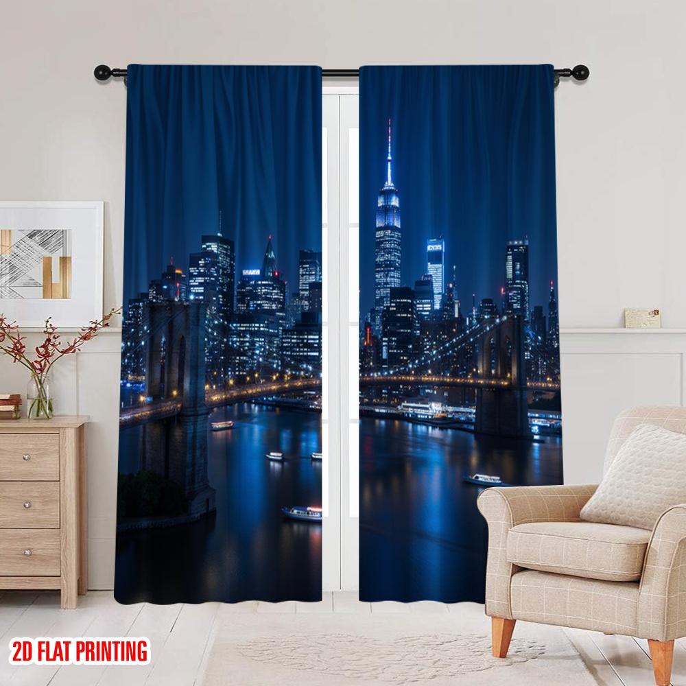 2D flat printing 2pcs Window Treatment Curtains skyline (3) Durable 100% Polyester Fabric  Without Electricity Festive Backdrops
