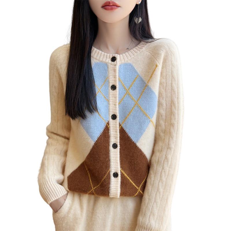 Women's Diamond Patchwork Pure Wool Knit Cardigan Sweater, Round Neck, Long Sleeve - 2026 Autumn/Winter.