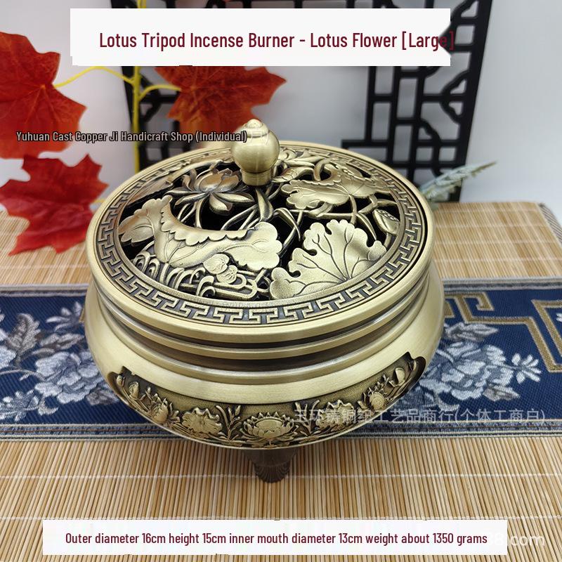Brass Three-Legged Lotus Incense Burner for Living Room or Study - Handcrafted Ornament