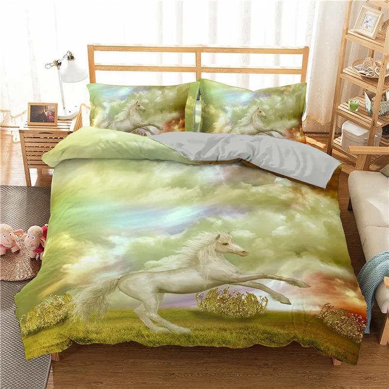 Bettbezug mit weißem Drachenpferd, 3D-Einhorn-Bettwäscheset für Teenager und Kinder, Mikrofaser, Western-Cowboy-Bettbezug mit Kissenbezügen