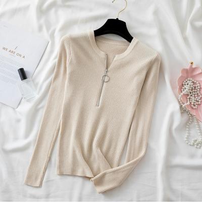 Autumn New Zipper Round Neck Pullovers Sweater Women Slim Fit Long Sleeve Base Knitted Sweater Tops Ladies Elegant Solid Fashion Winter Jumpers 25500