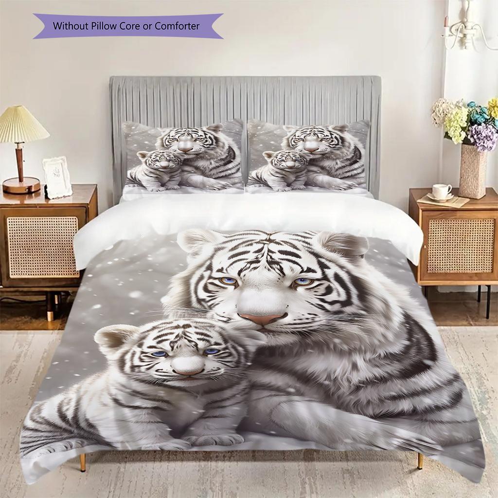 White Tiger Pattern Bedding Quilt Set Quilt Cover Pillowcase Home Decoration Birthday Gift (1 * Duvet Cover + 2 * Pillowcase, Without Core)