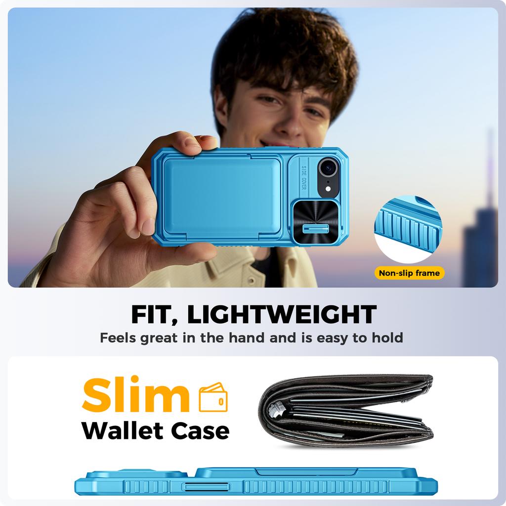 RFID Blocking Wallet Case with Card Holder Sliding Camera Cover PC+TPU Protective Case for IPhone 16e/iPhone 17e-Light Blue