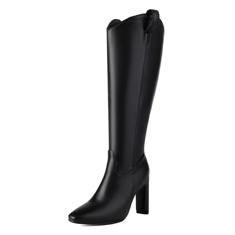 Stivali Lunghi Western Quadrati in Pelle Dorata con Tacco Chunky Oblungo per Donna, Stivali Lunghi con Zip da Cowgirl per Abito Bianco da Festa Invernale