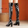 Bottes hautes sexy au-dessus du genou pour femmes, bout pointu, fermeture éclair, talon carré, talon haut, chaussures pour dames, automne hiver, bottes chunky, grande taille