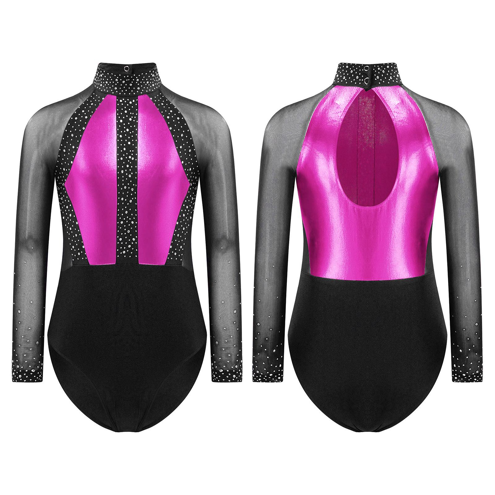 

Детский купальник для девочек с блестящими стразами, цветной блок, пэчворк, вырез-замочная скважина сзади, прозрачная сетка, длинный рукав, боди для гимнастики, танцев, фигурного катания 11-12 Years горячий розовый