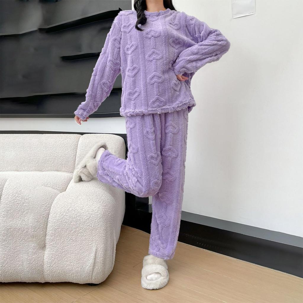 Ladies' Fashionable Warm Top Casual Cotton Pants Home Solid Color Pajamas Set