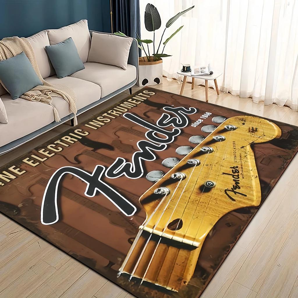 Alfombra 3D Retro con logo Fender para Instrumentos de Guitarra Música para Sala de Estar Dormitorio Hogar Decoración de Sofá, Alfombra de Piso Antideslizante para Niños