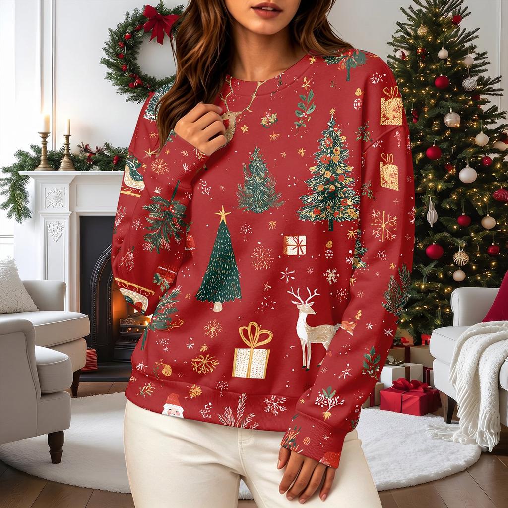 Women's Casual Long Sleeve Christmas Graphic Crewneck Sweatshirt Pullover Top for Holiday Wear