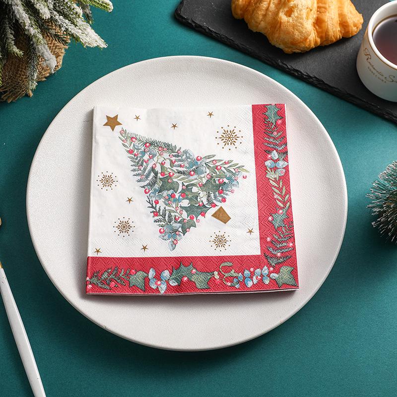 Red-Edged Colorful Christmas Tree Printed Paper Napkins - Party Gathering Square Soy Ink Napkins