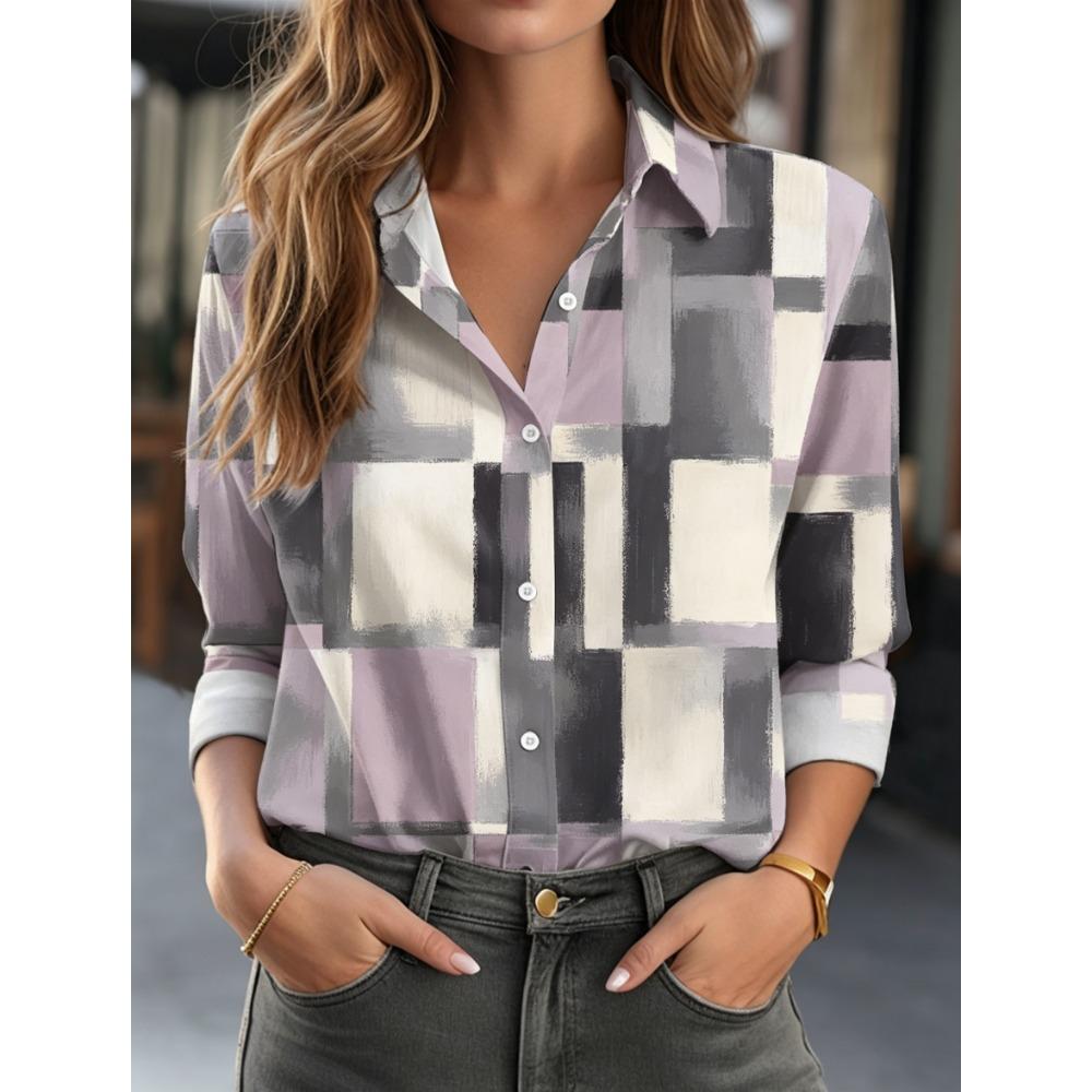 Women's Lapel Long Sleeve Geometric Print Button-Up Shirt, Stylish Casual Regular Tops for Spring Summer Daily & Office Wear