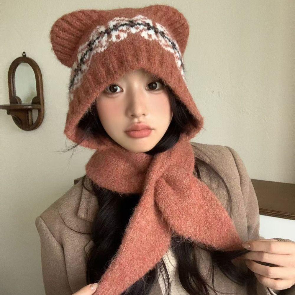 Ethnic Style Jacquard Knitted Hat Fair Isle Style Printing Knit Cap Cute Bear Ears Beanies  Outdoor