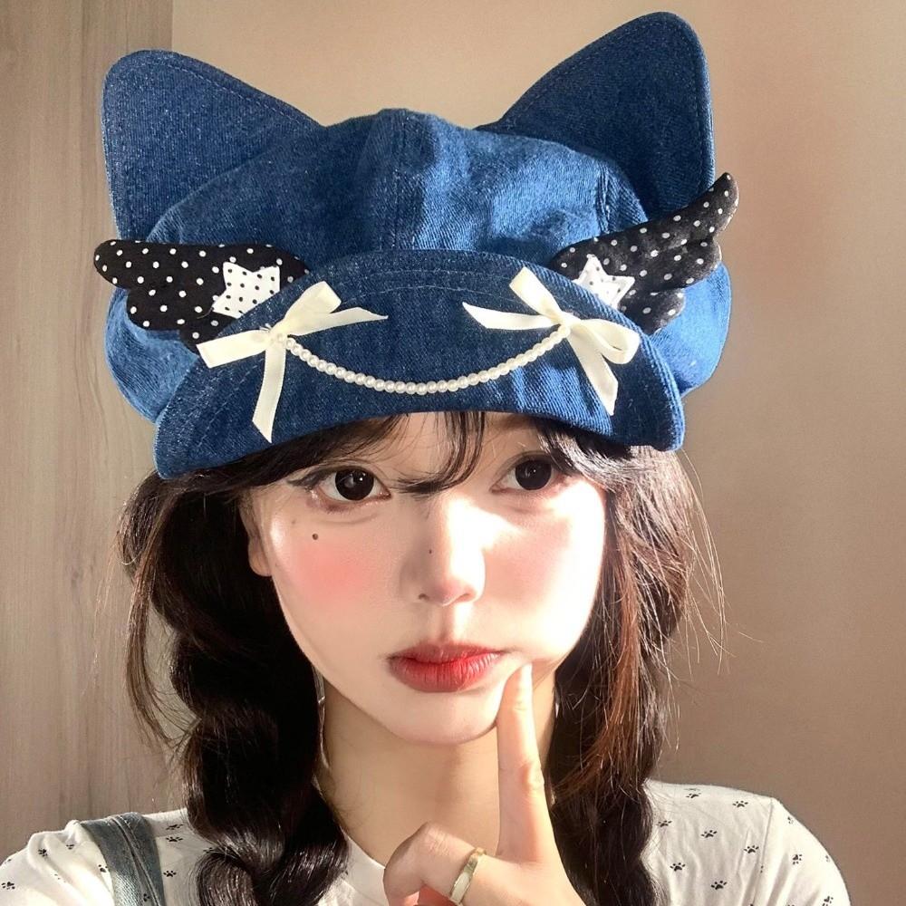Soft Brim Denim Cat Ear Beret Angel's Wings Octagonal Hat New Denim Sun Caps Y2K