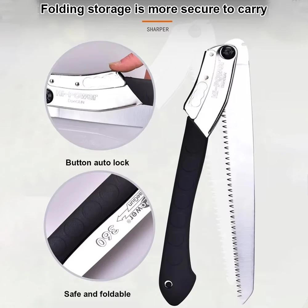 Folding 16-Inch Manganese Steel Saw with 3-Sided Teeth and Safety Lock for Cutting Wood Branches Trimming Bamboo Pruning