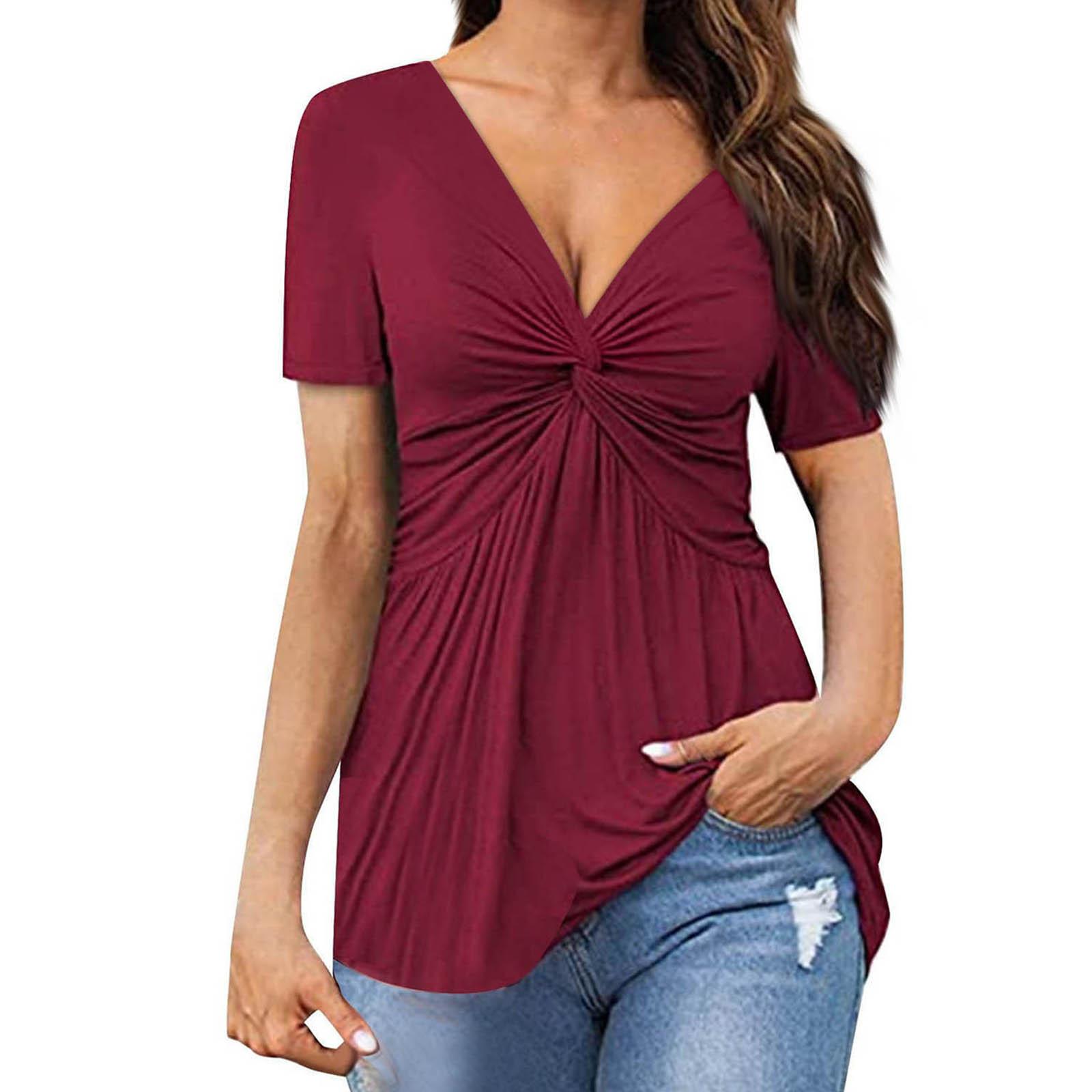

Summer Women s V Neck Color Pleated Knot Short Sleeve Lightweight Street Loose Color T-Shirt Top L