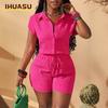 Women's Fashion Casual Short Sleeve POLO Neck  Pants Suits