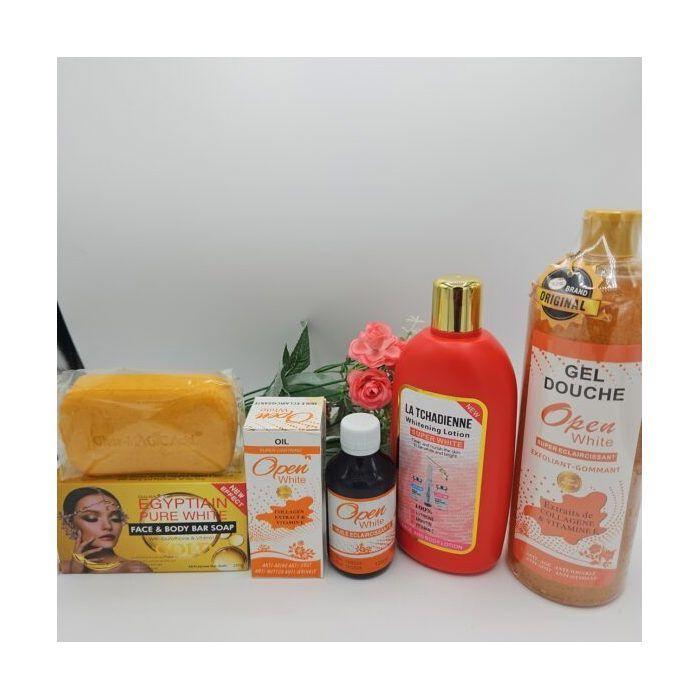 Open White Body Care – Gel Douche 1L, Huile Corps 125ml, Lait Tchadienne & Savon Egyptian Gold