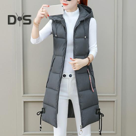Fall Winter Cotton Vest Coat Mid Length Thickened Padded Sleeveless Zip Up Zipper Closure Drawstring Hooded Windproof Heat Retention Lady Waistcoat