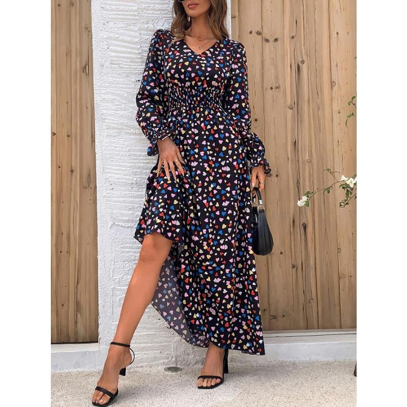 Fashion V-neck Long Sleeve Printed Loose Women Dress Spring Autumn Elegant A-line Party Long Versatile Dress Slim Fit Holiday Women's Clothing