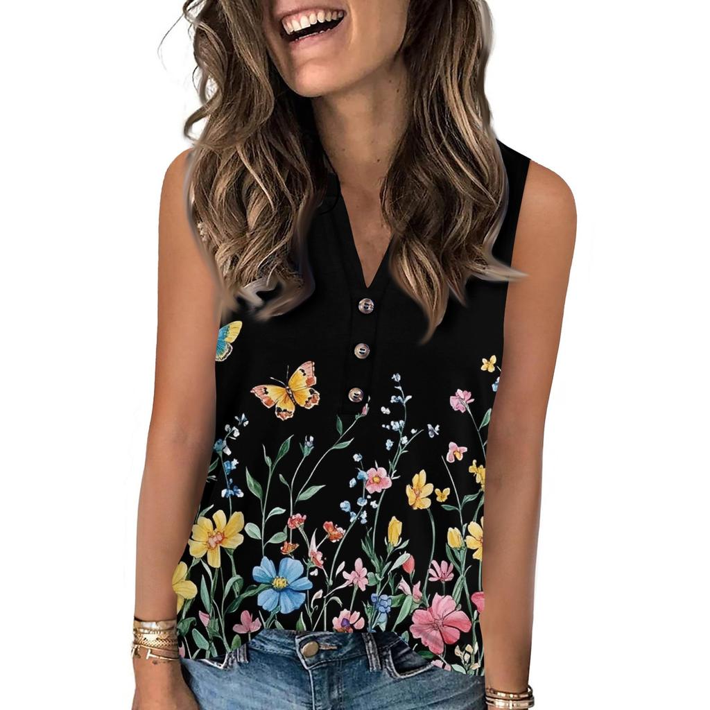 Damen Casual Mode Sommer Tanktop mit Blumendruck V-Ausschnitt Ärmellos Knopfleiste Top